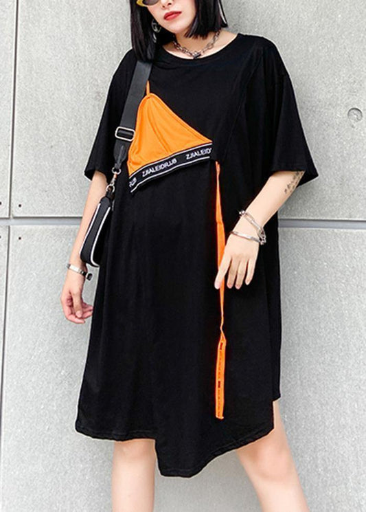 DIY o neck asymmetric Cotton summer outfit Sewing black Dresses - SooLinen