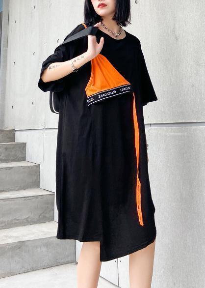 DIY o neck asymmetric Cotton summer outfit Sewing black Dresses - SooLinen