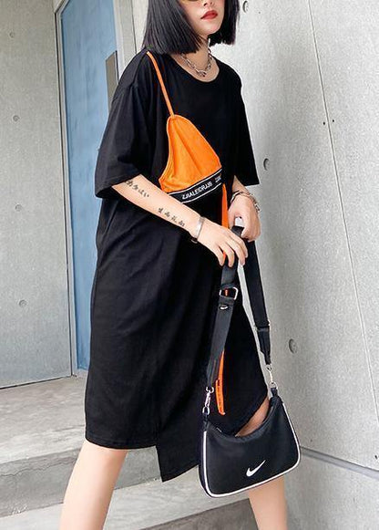 DIY o neck asymmetric Cotton summer outfit Sewing black Dresses - SooLinen
