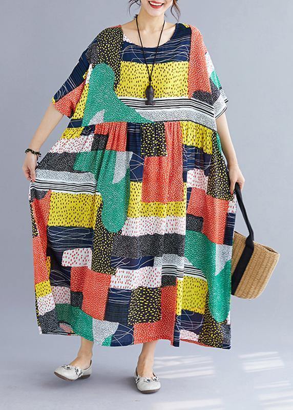 DIY o neck cotton quilting clothes Tutorials orange patchwork color long Dress summer - SooLinen