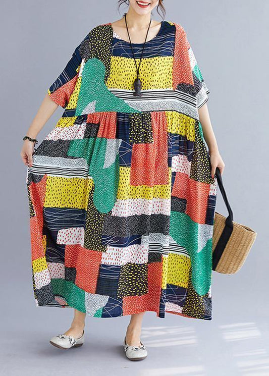 DIY o neck cotton quilting clothes Tutorials orange patchwork color long Dress summer - SooLinen