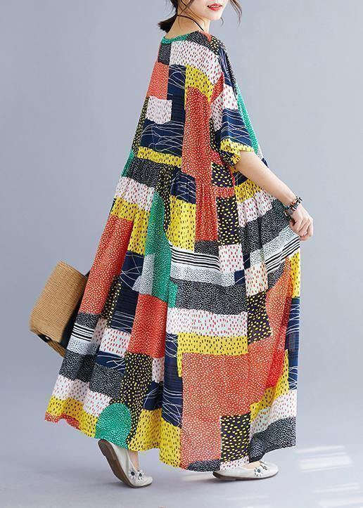 DIY o neck cotton quilting clothes Tutorials orange patchwork color long Dress summer - SooLinen