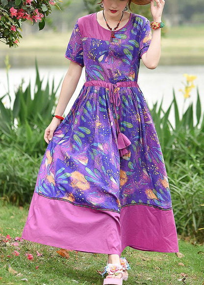 DIY o neck drawstring cotton clothes Women Outfits purple print Robe Dress summer - SooLinen