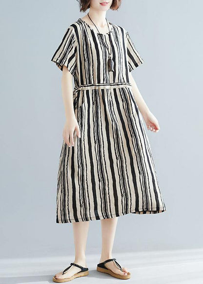 DIY o neck drawstring dress Sewing black striped Dresses summer - SooLinen
