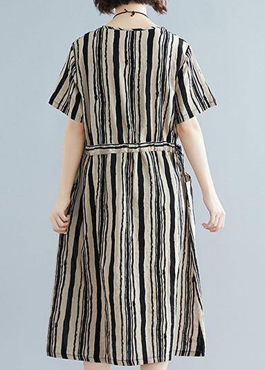 DIY o neck drawstring dress Sewing black striped Dresses summer - SooLinen