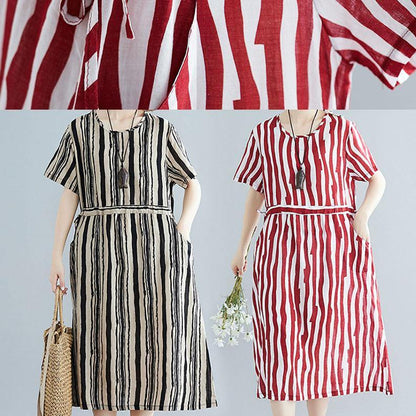 DIY o neck drawstring dress Sewing black striped Dresses summer - SooLinen