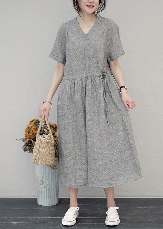 DIY o neck drawstring linen summer Wardrobes Sewing brown Dress - SooLinen