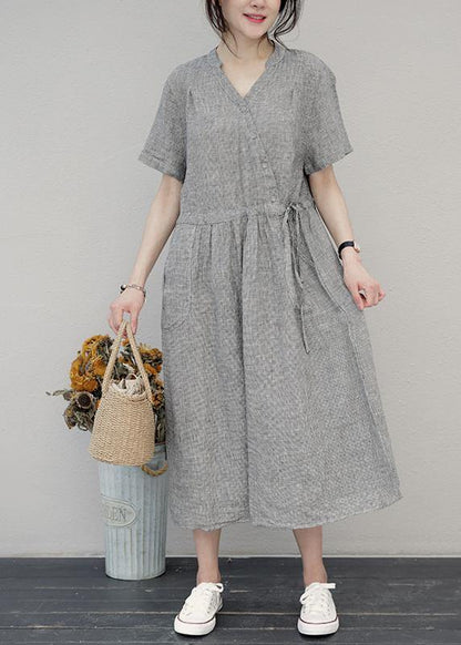 DIY o neck drawstring linen summer Wardrobes Sewing brown Dress - SooLinen