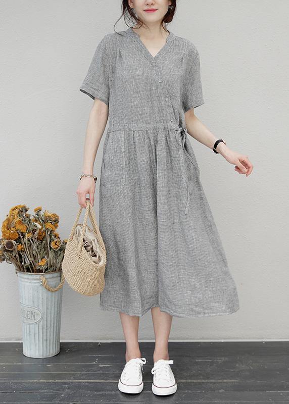 DIY o neck drawstring linen summer Wardrobes Sewing brown Dress - SooLinen