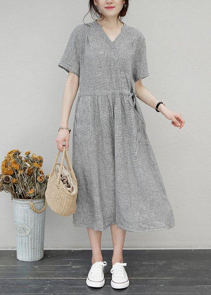 DIY o neck drawstring linen summer Wardrobes Sewing brown Dress - SooLinen