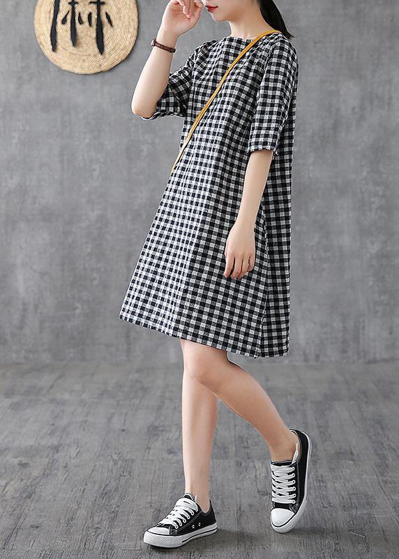 DIY o neck half sleeve cotton linen Wardrobes Outfits black plaid Dresses summer - SooLinen