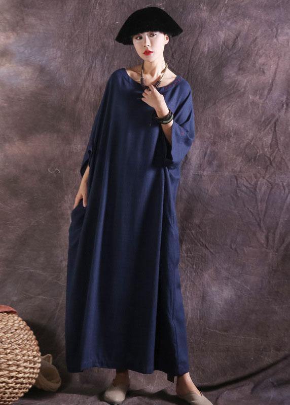 DIY o neck linen cotton Robes Photography blue summer Dress solid color - SooLinen