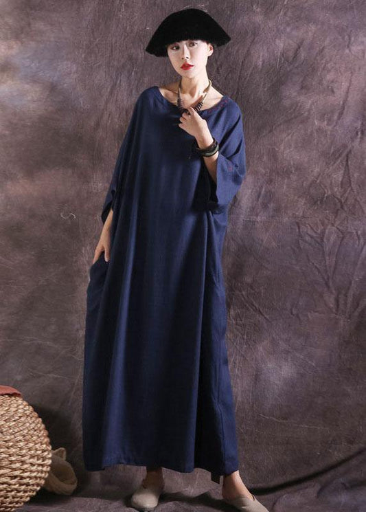 DIY o neck linen cotton Robes Photography blue summer Dress solid color - SooLinen