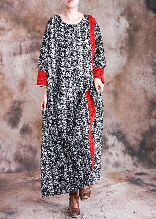 DIY o neck long sleeve quilting clothes Fabrics black print cotton robes Dresses fall - SooLinen