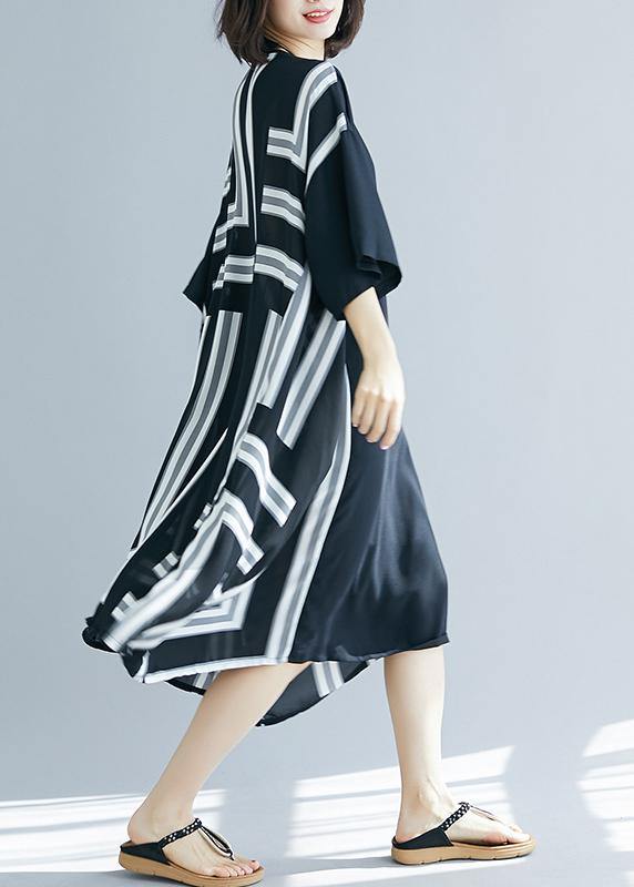DIY o neck patchwork chiffon Long Shirts Fitted Life black striped Maxi Dresses Summer - SooLinen