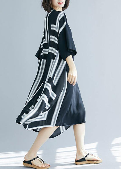 DIY o neck patchwork chiffon Long Shirts Fitted Life black striped Maxi Dresses Summer - SooLinen