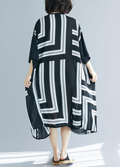 DIY o neck patchwork chiffon Long Shirts Fitted Life black striped Maxi Dresses Summer - SooLinen