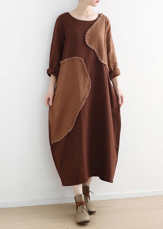 DIY o neck patchwork linen clothes For Women pattern chocolate Dresses fall - SooLinen