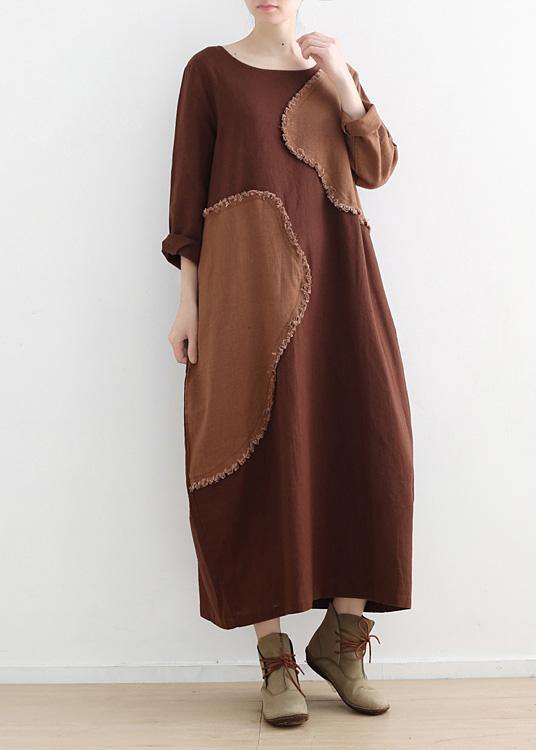DIY o neck patchwork linen clothes For Women pattern chocolate Dresses fall - SooLinen