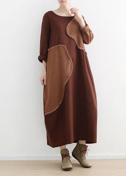DIY o neck patchwork linen clothes For Women pattern chocolate Dresses fall - SooLinen