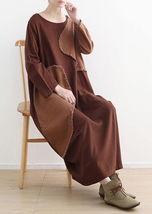 DIY o neck patchwork linen clothes For Women pattern chocolate Dresses fall - SooLinen
