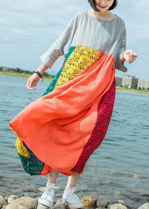 DIY o neck patchwork linen outfit Runway multicolor Dress summer - SooLinen