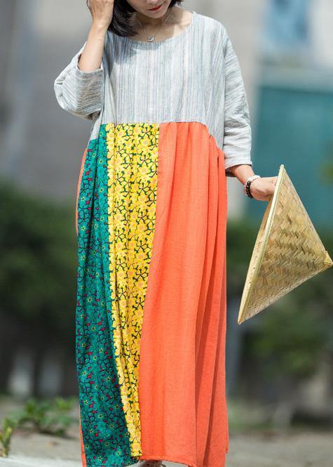 DIY o neck patchwork linen outfit Runway multicolor Dress summer - SooLinen