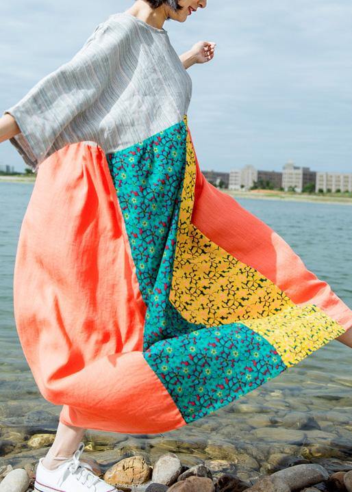 DIY o neck patchwork linen outfit Runway multicolor Dress summer - SooLinen