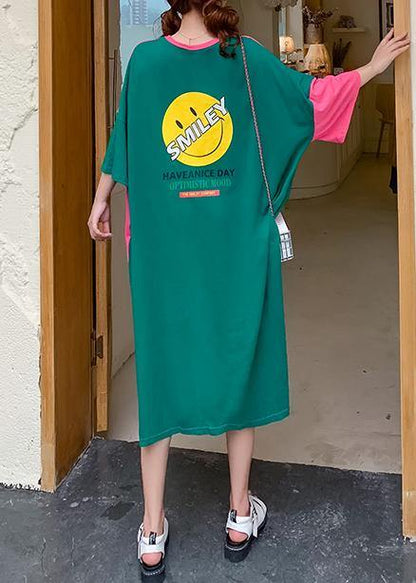 DIY o neck patchwork outfit Tutorials rose Smiley print loose Dresses - SooLinen