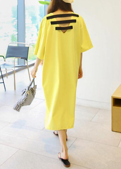 DIY o neck side open cotton Tunics Shape yellow long Dress - SooLinen