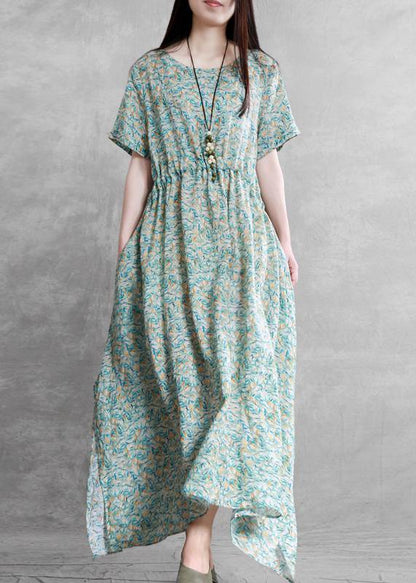 DIY o neck side open summer clothes For Women Outfits green print Dresses - SooLinen