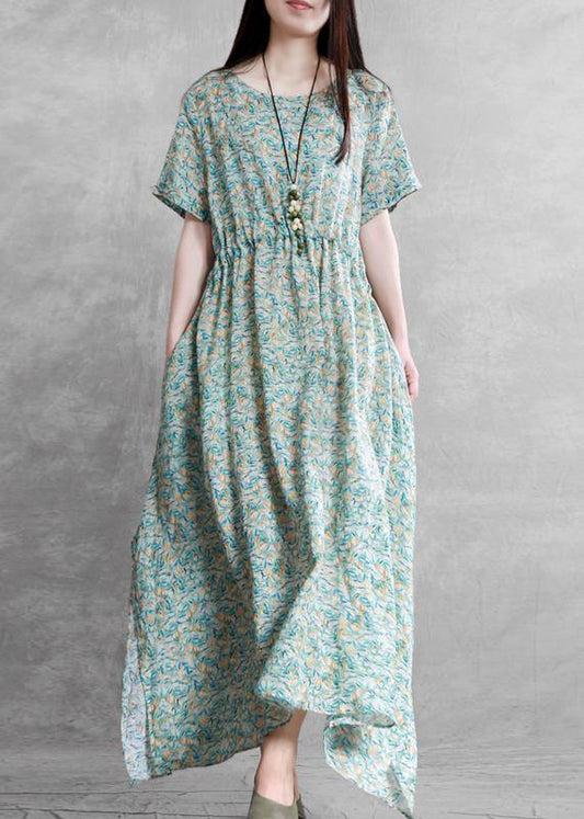 DIY o neck side open summer clothes For Women Outfits green print Dresses - SooLinen