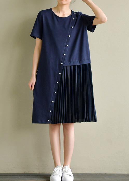 DIY o neck Cinched asymmetric Cotton Tunic Catwalk navy Dresses summer - SooLinen