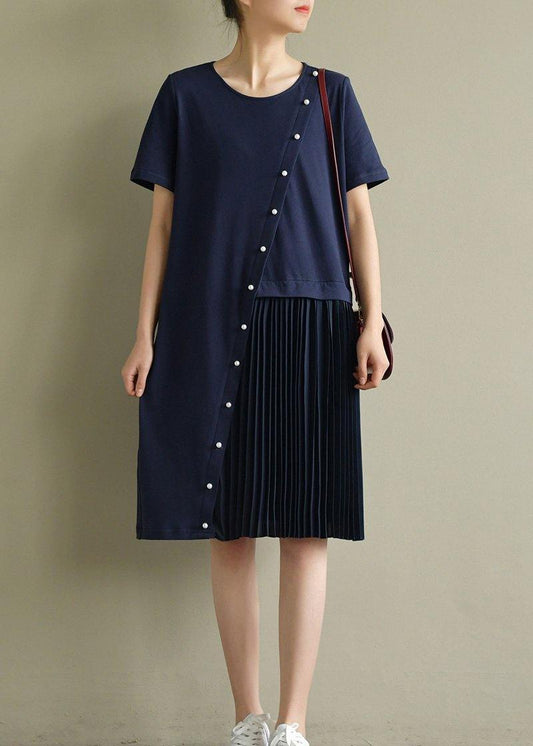DIY o neck Cinched asymmetric Cotton Tunic Catwalk navy Dresses summer - SooLinen