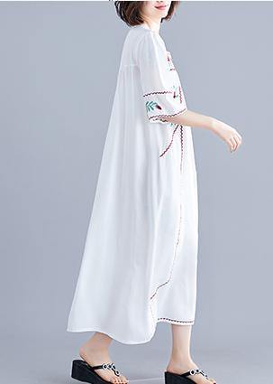 DIY o neck Cinched linen cotton clothes For Women Work white embroidery Dresses summer - SooLinen