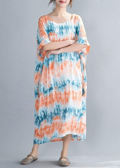 DIY orange print cotton dresses o neck Batwing Sleeve Maxi summer Dress - SooLinen