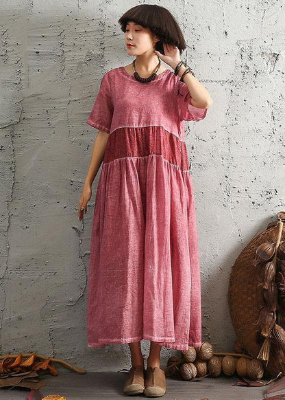 DIY patchwork linen outfit Photography orange o neck Dress summer - SooLinen