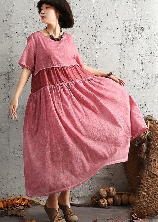 DIY patchwork linen outfit Photography orange o neck Dress summer - SooLinen