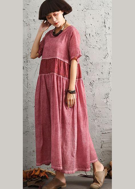 DIY patchwork linen outfit Photography orange o neck Dress summer - SooLinen