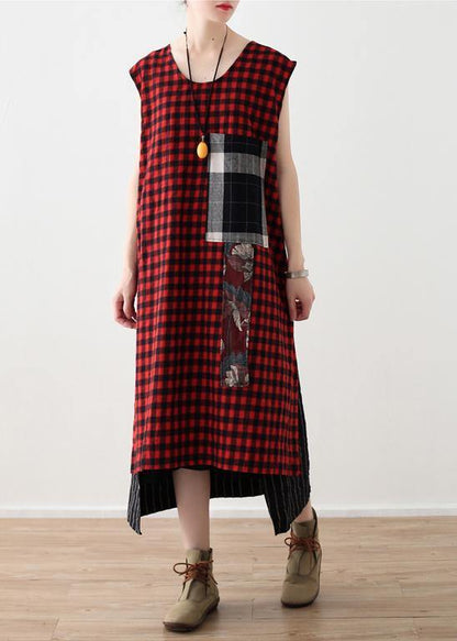 DIY plaid patchwork linen cotton Wardrobes Vintage Work Outfits sleeveless A Line summer Dress - SooLinen
