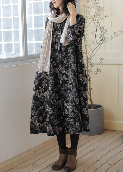 DIY print linen cotton outfit stand collar Cinched cotton fall Dress - SooLinen