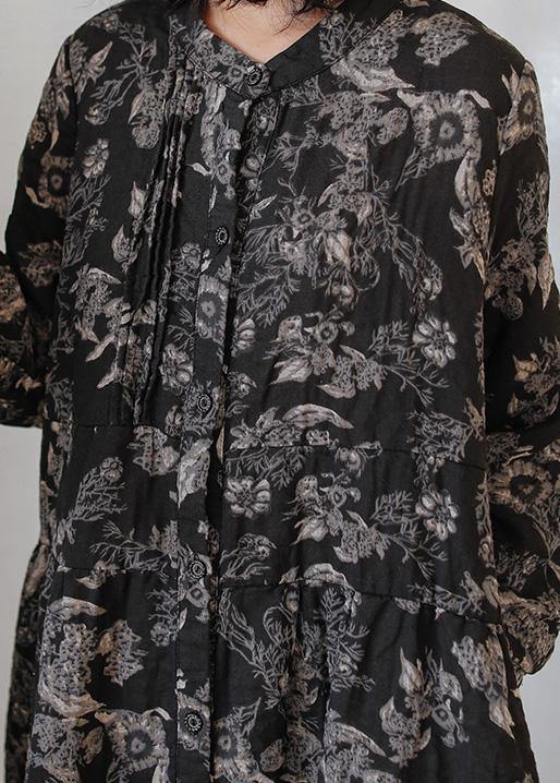 DIY print linen cotton outfit stand collar Cinched cotton fall Dress - SooLinen