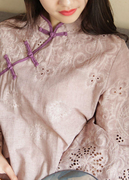 DIY purple cotton clothes For Women stand collar Butterfly Sleeve Traveling summer Dresses - SooLinen