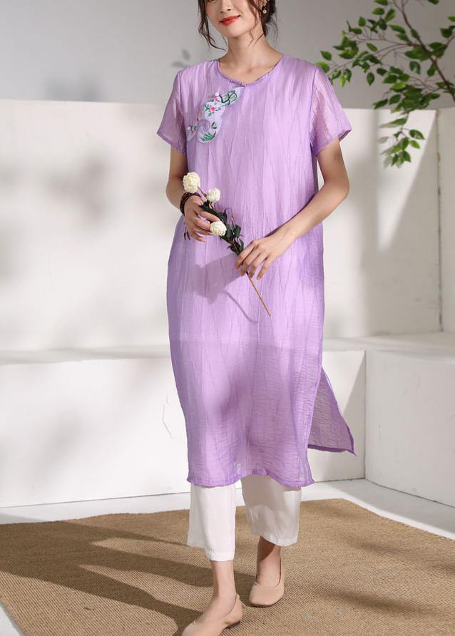 DIY purple linen clothes For Women o neck cotton side open Dress - SooLinen