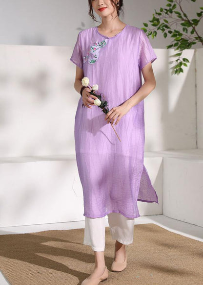 DIY purple linen clothes For Women o neck cotton side open Dress - SooLinen