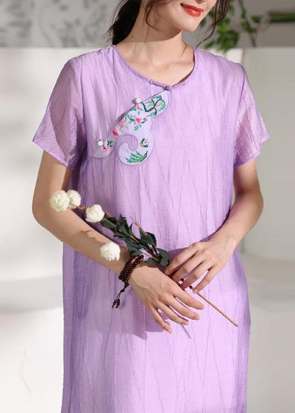 DIY purple linen clothes For Women o neck cotton side open Dress - SooLinen