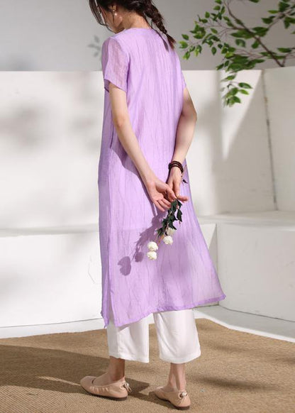 DIY purple linen clothes For Women o neck cotton side open Dress - SooLinen