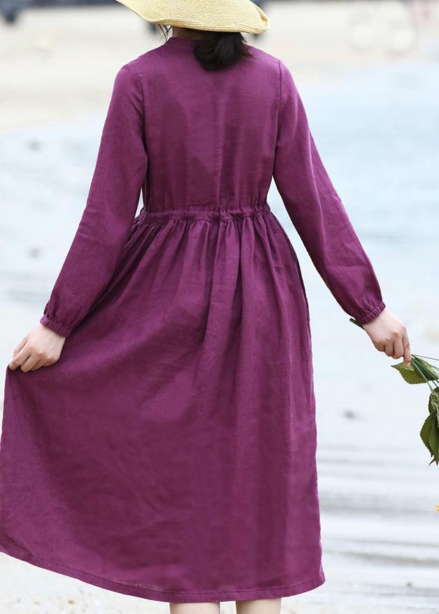 DIY purple linen dresses long sleeve Dresses v neck Dresses - SooLinen