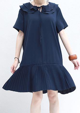 DIY ruffles Chiffon Tunics navy o neck daily summer Dresses - SooLinen