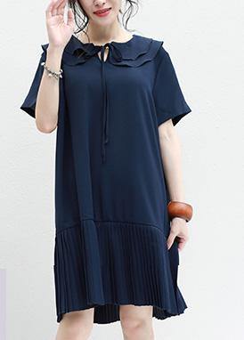 DIY ruffles Chiffon Tunics navy o neck daily summer Dresses - SooLinen